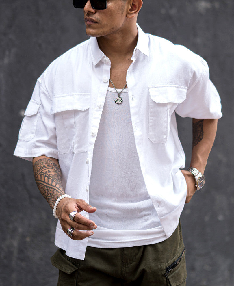 White Three Pockets Oversize Drop Shoulder Shirt
