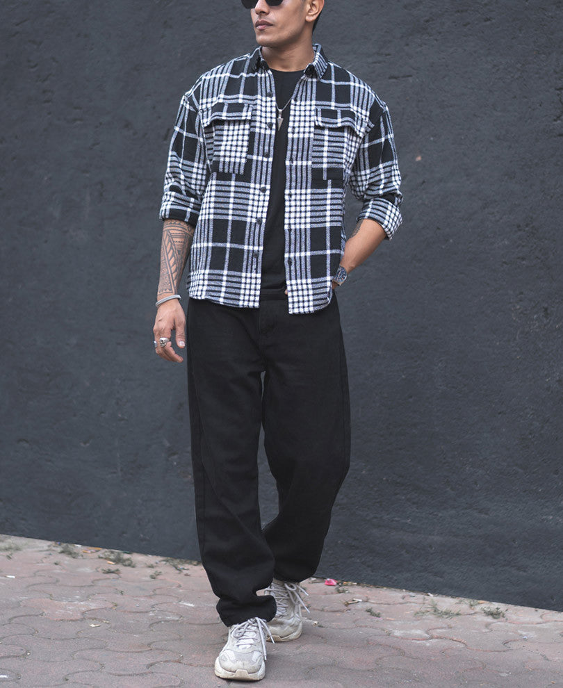 Black Plaid Checks Oversize Drop Shoulder Shirt