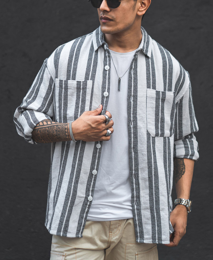 White and Black Structured Striped Oversized Shirt