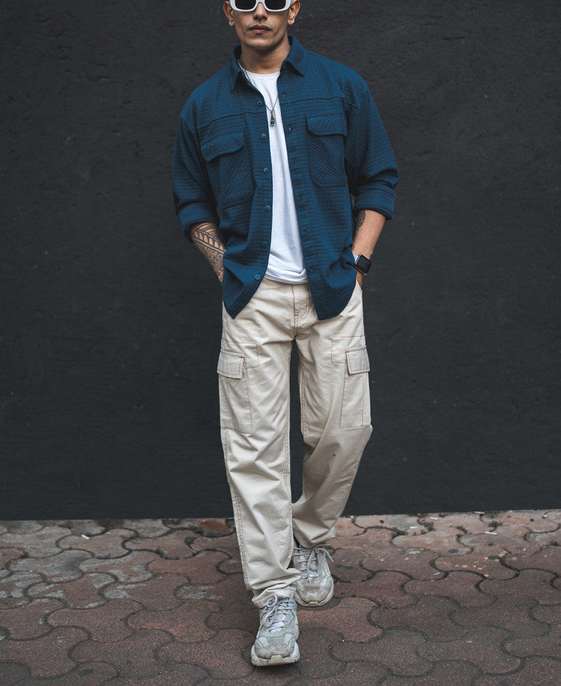 Teal Blue Structured Knit Shacket Oversized Shirt