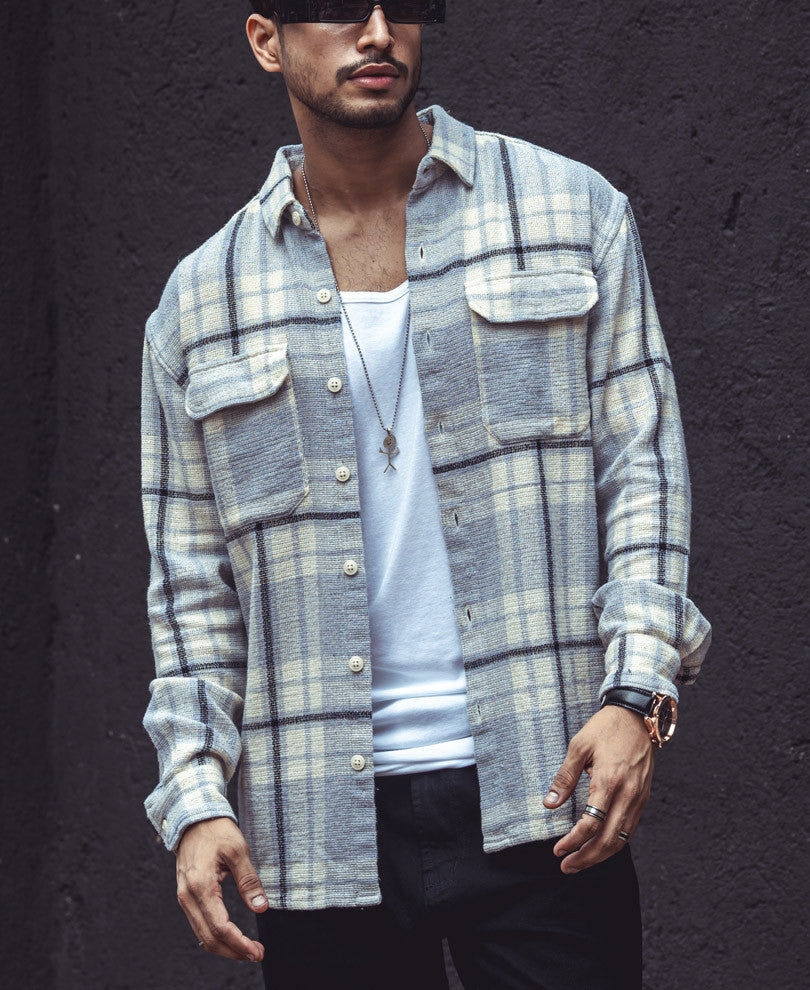Light Grey Structured Checks Shacket Oversize Drop Shoulder Shirt
