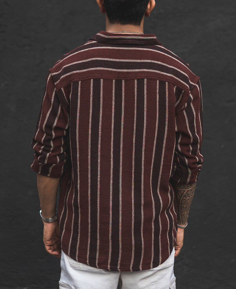 Brown and Maroon Structured Striped Oversized Shirt