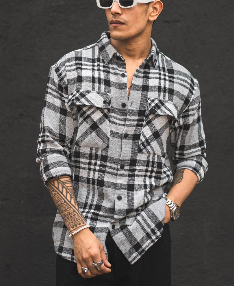 Light Grey Checks Structured Oversized Shirt