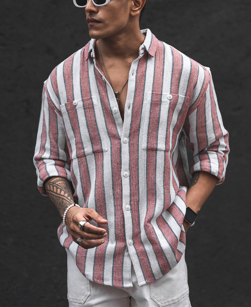 Peach Structured Striped Oversized Shirt