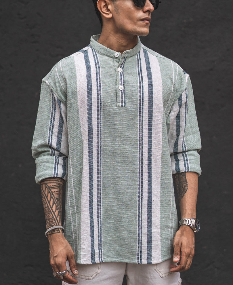 Pista Green Structured Striped Kurta Style Oversized Shirt