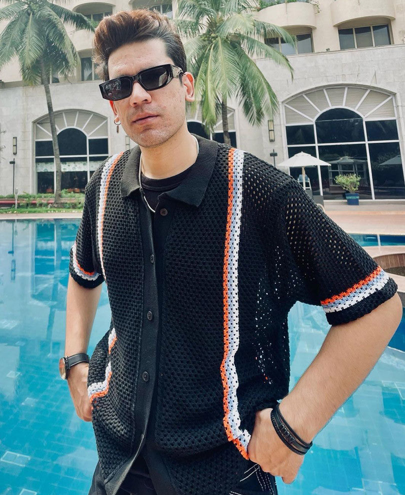 Black Crochet Knit Striped Oversized Shirt