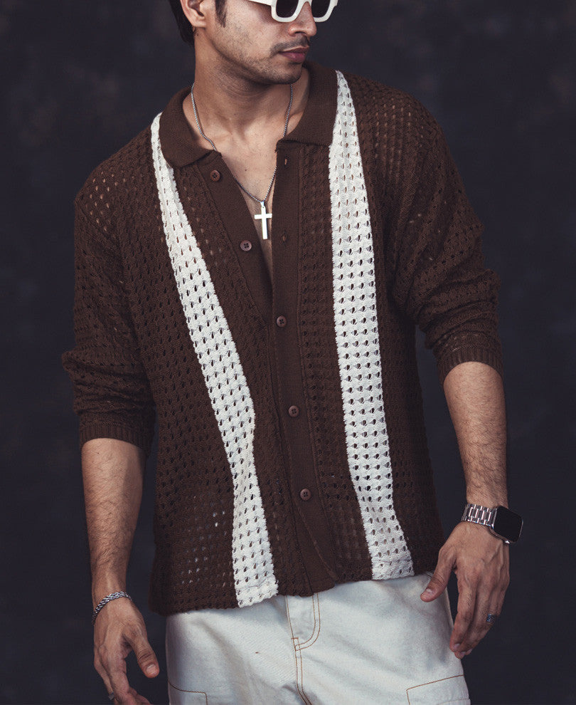 Brown and White Crochet Knit Striped Oversized Shirt