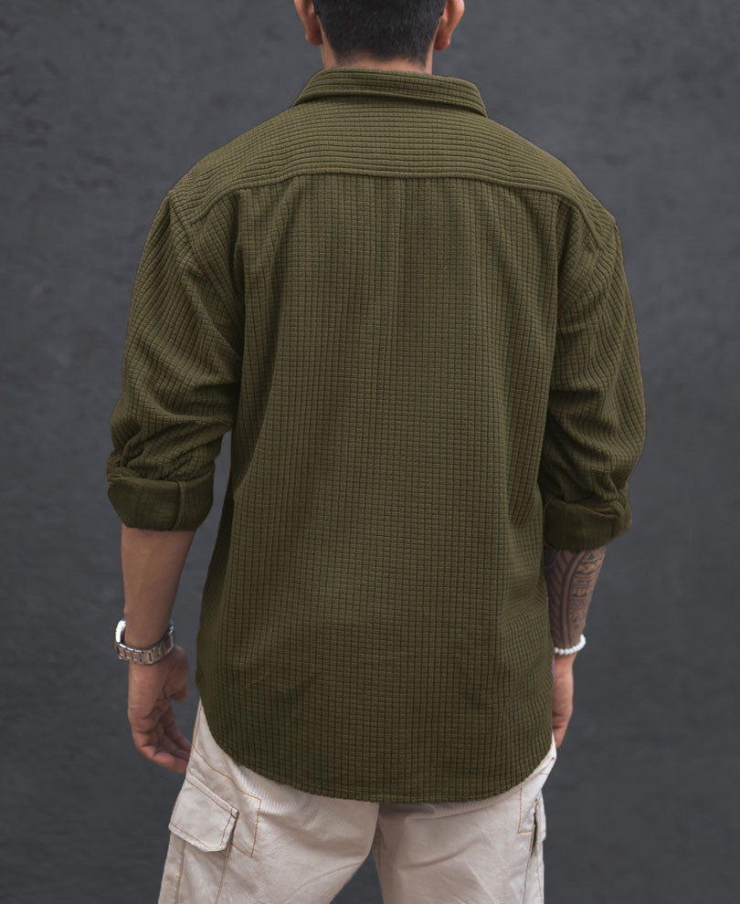 Olive Green Structured Knit Oversized Shirt