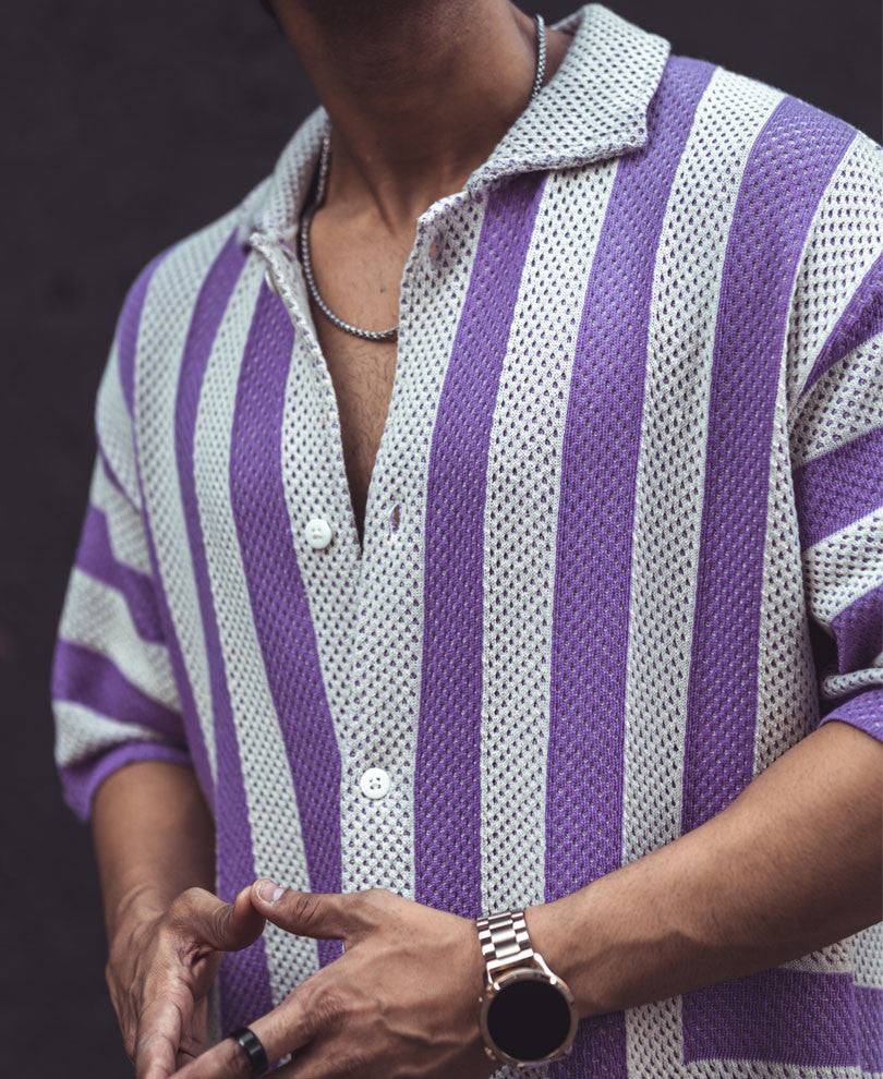 White and Lavender Crochet Knit Striped Oversized Shirt