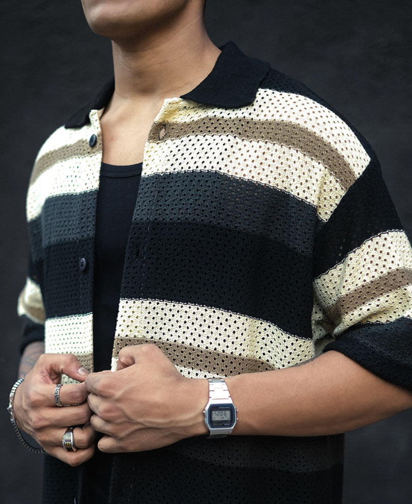 Multicolor Crochet Knit Striped Oversized Shirt