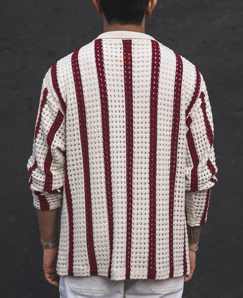 Off White and Maroon Striped Crochet Knit Oversized Shirt