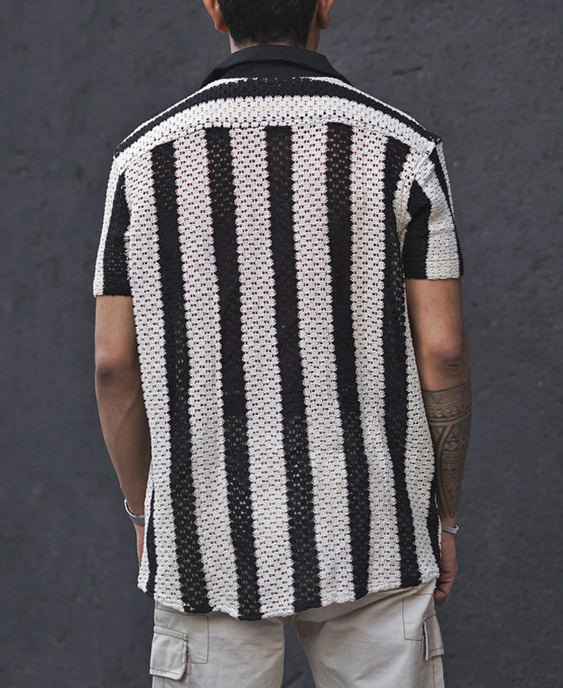 Black and White Crochet Knit Striped Shirt
