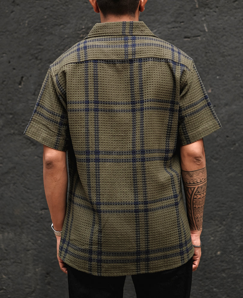 Olive Green Structured Checks Half Sleeves Shirt