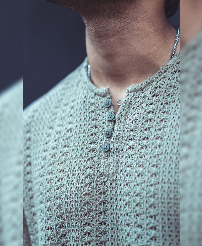 Green Crochet Knit Oversized Kurta Style Shirt