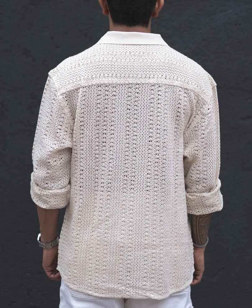 Light Cream Crochet Knit Oversized Kurta Style Shirt