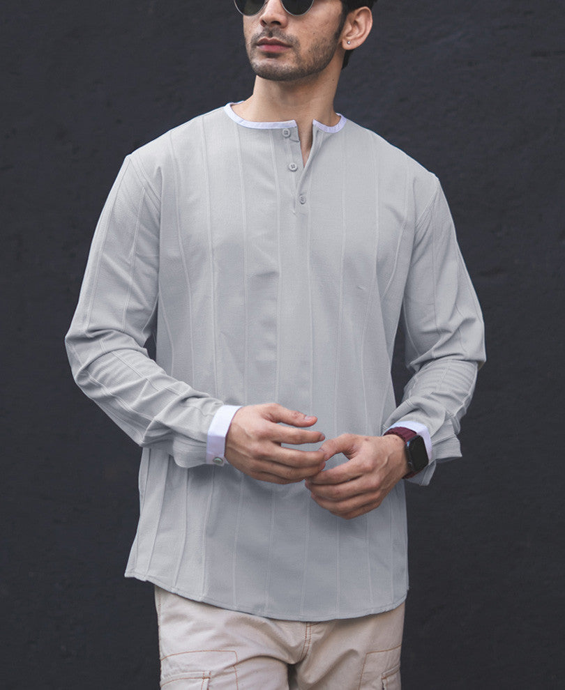 Kurta Style Structured Light Grey Shirt
