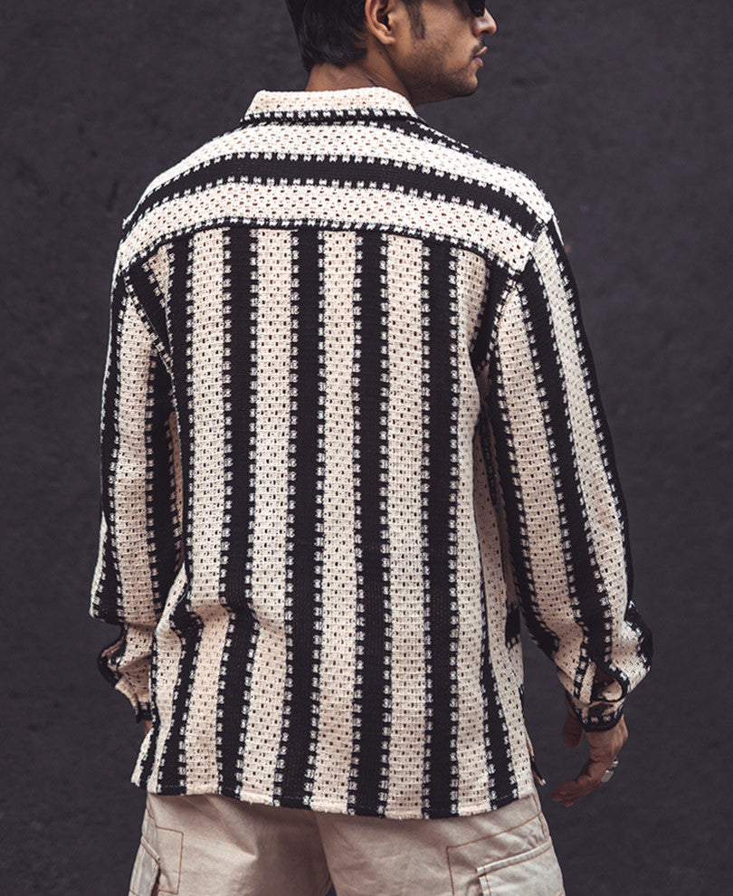 Black and White Crochet Knit Striped Oversized Shirt
