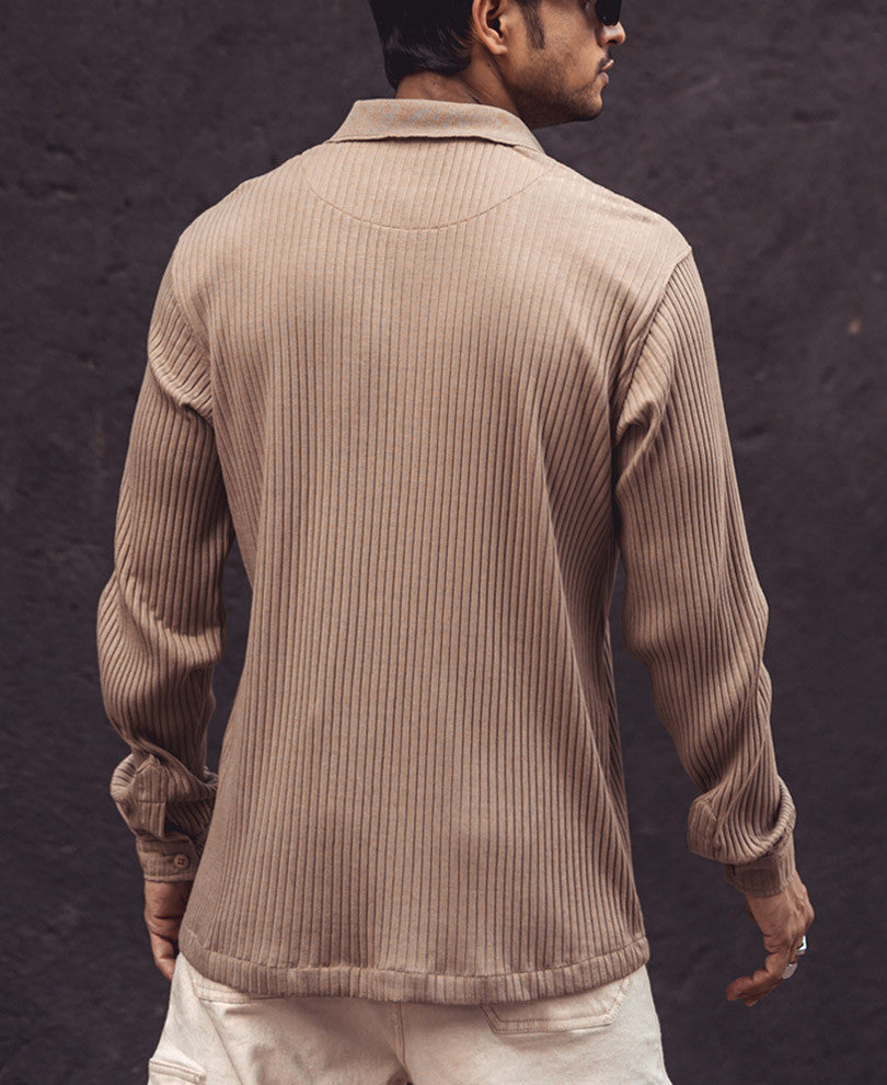 Beige Rib-Knit Full Sleeves T-Shirt