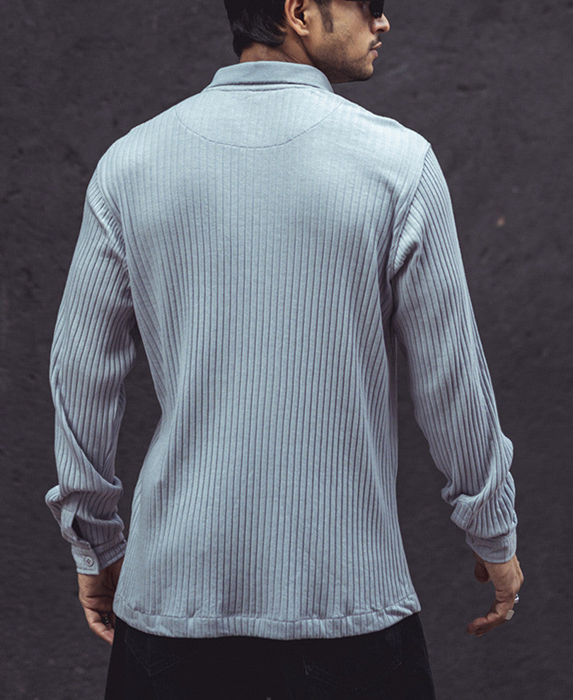 Light Grey Rib-Knit Full Sleeves T-Shirt