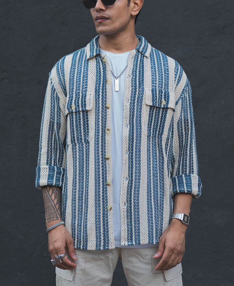 Blue and White Crochet Knit Striped Oversized Shirt