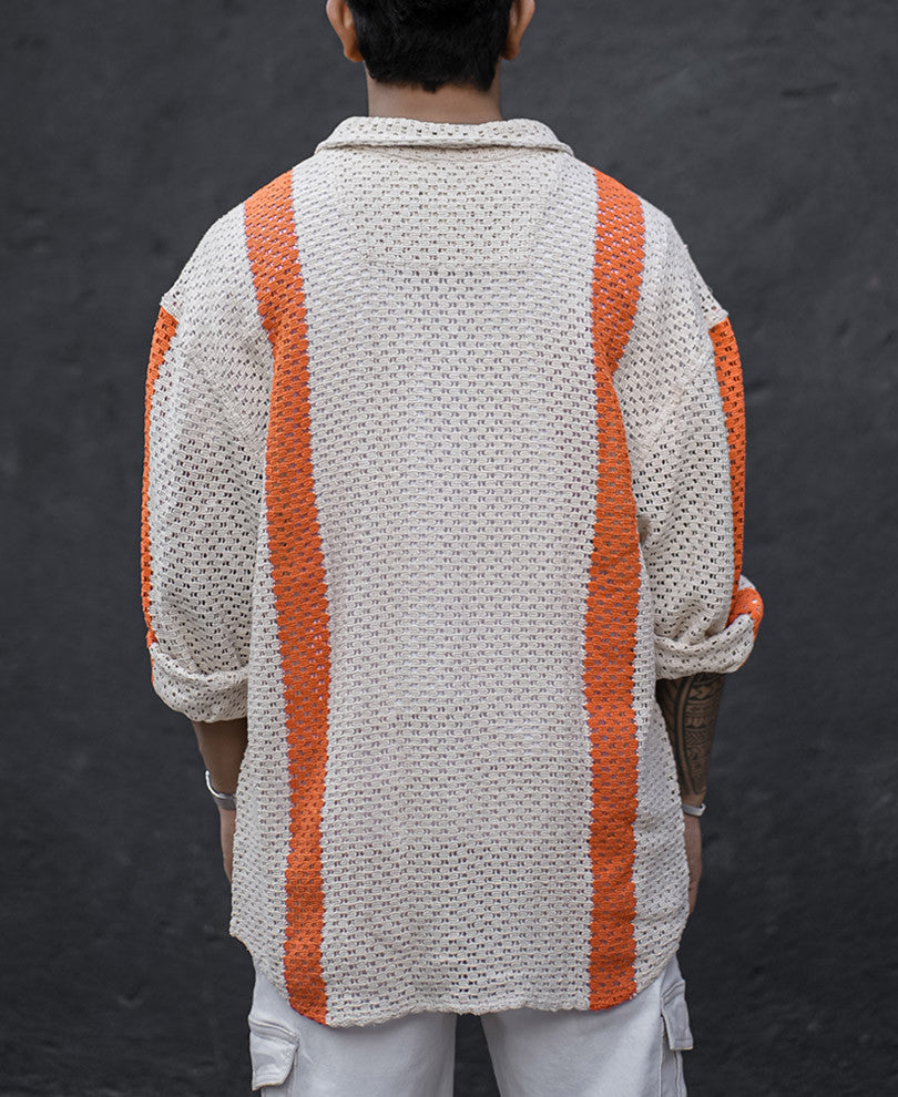 White and Orange Crochet Striped Oversized Shirt