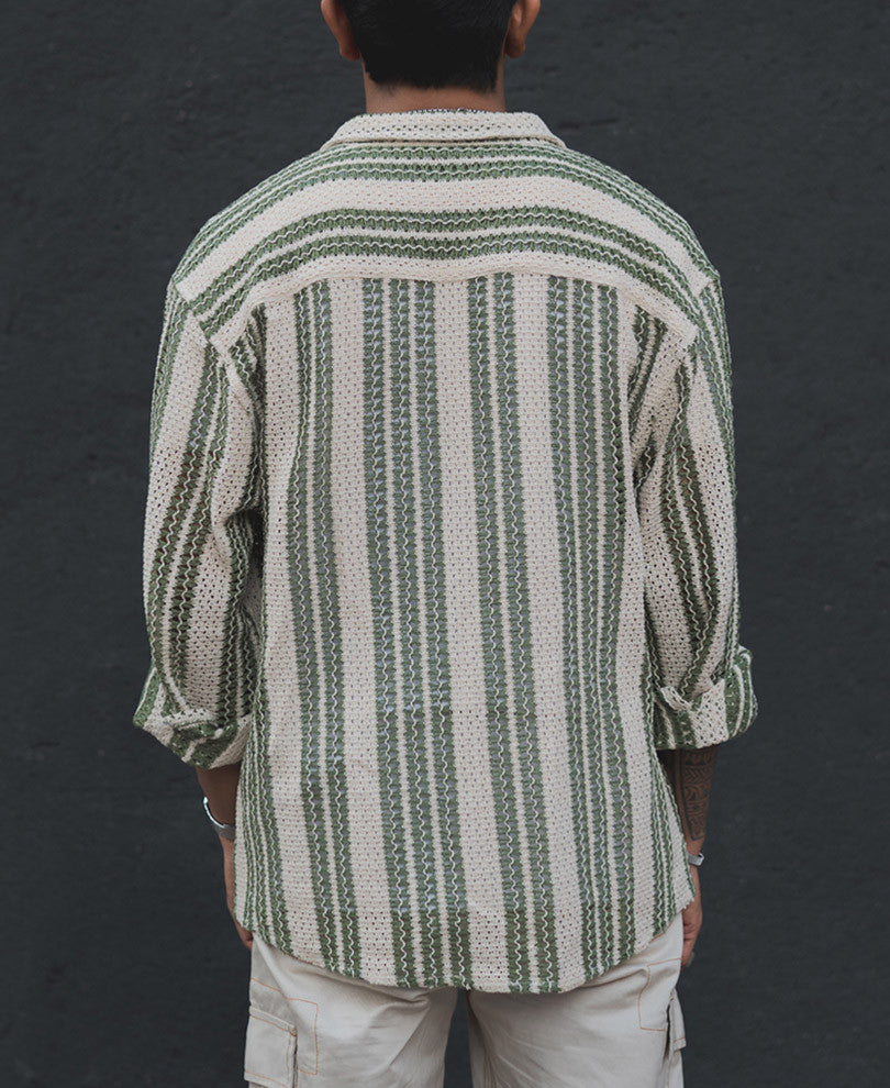Off White and Green Crochet Striped Oversized Shirt