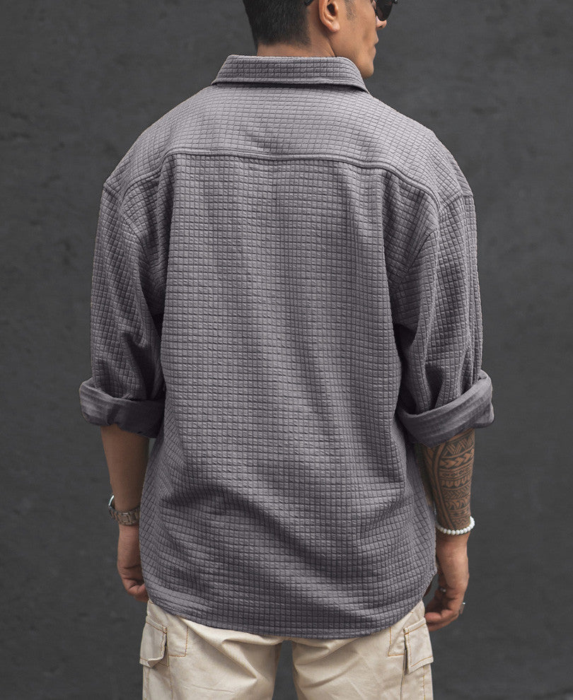 Dark Grey Structured Knit Full Sleeves Oversized Shirt