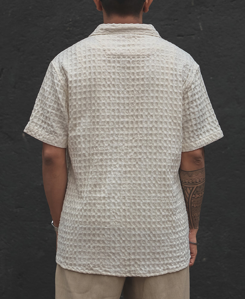 Off White Structured Puff Waffle Half Sleeves Shirt
