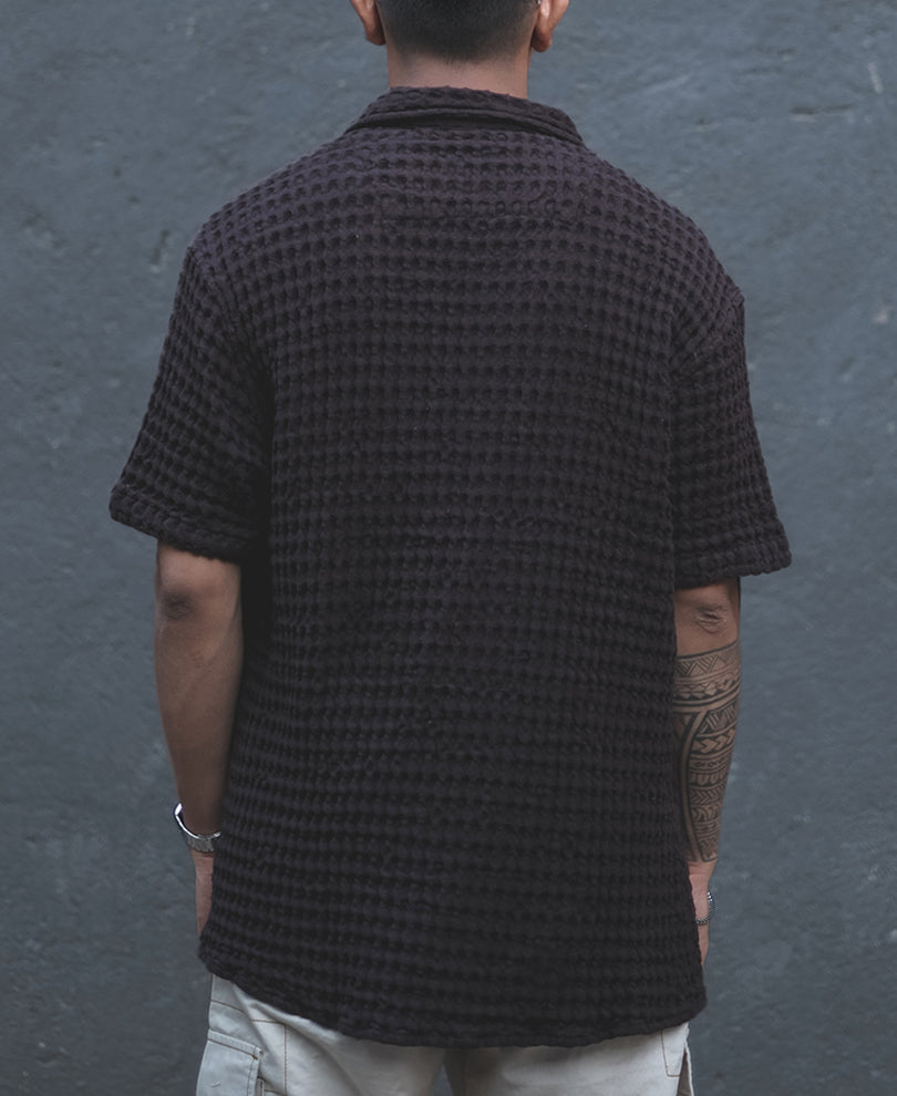 Dark Brown Structured Puff Waffle Half Sleeves Shirt