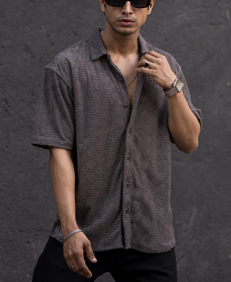 Grey Structured Jacquard Oversized Half Sleeves Shirt