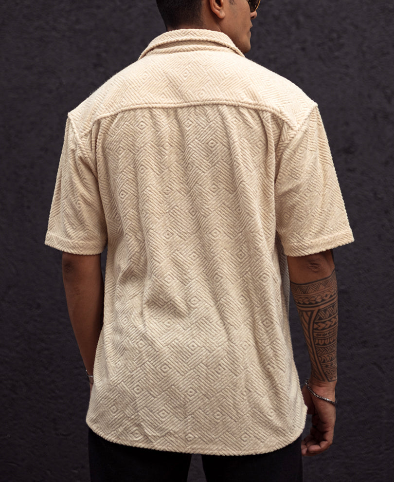 Cream Structured Jacquard Oversized Half Sleeves Shirt
