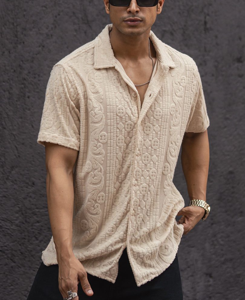 Cream Structured Regular Half Sleeves Shirt