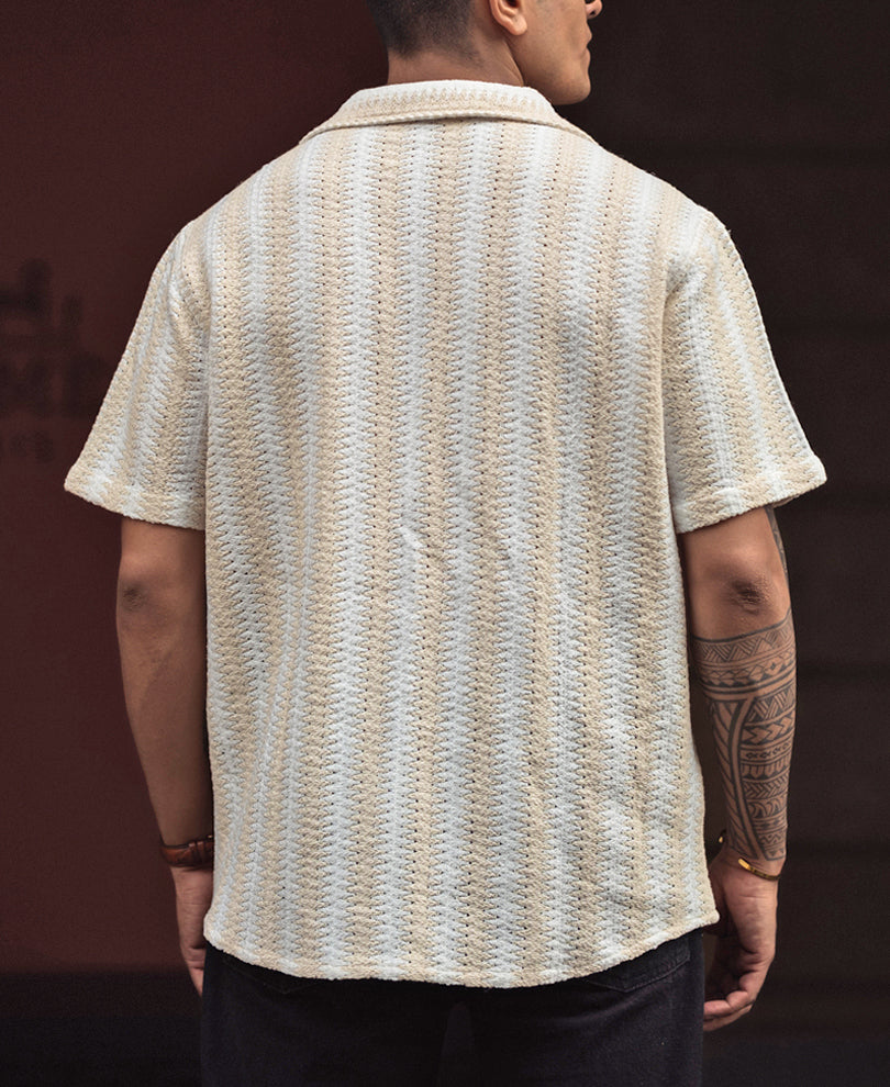 Off White and Beige Crochet Striped Regular Fit Shirt