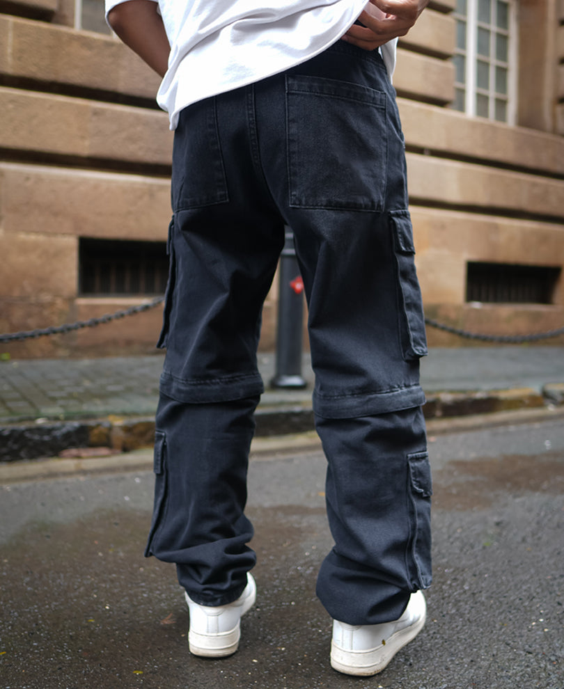 Black Baggy Fit Denim Cargo Jeans with Knee Zipper