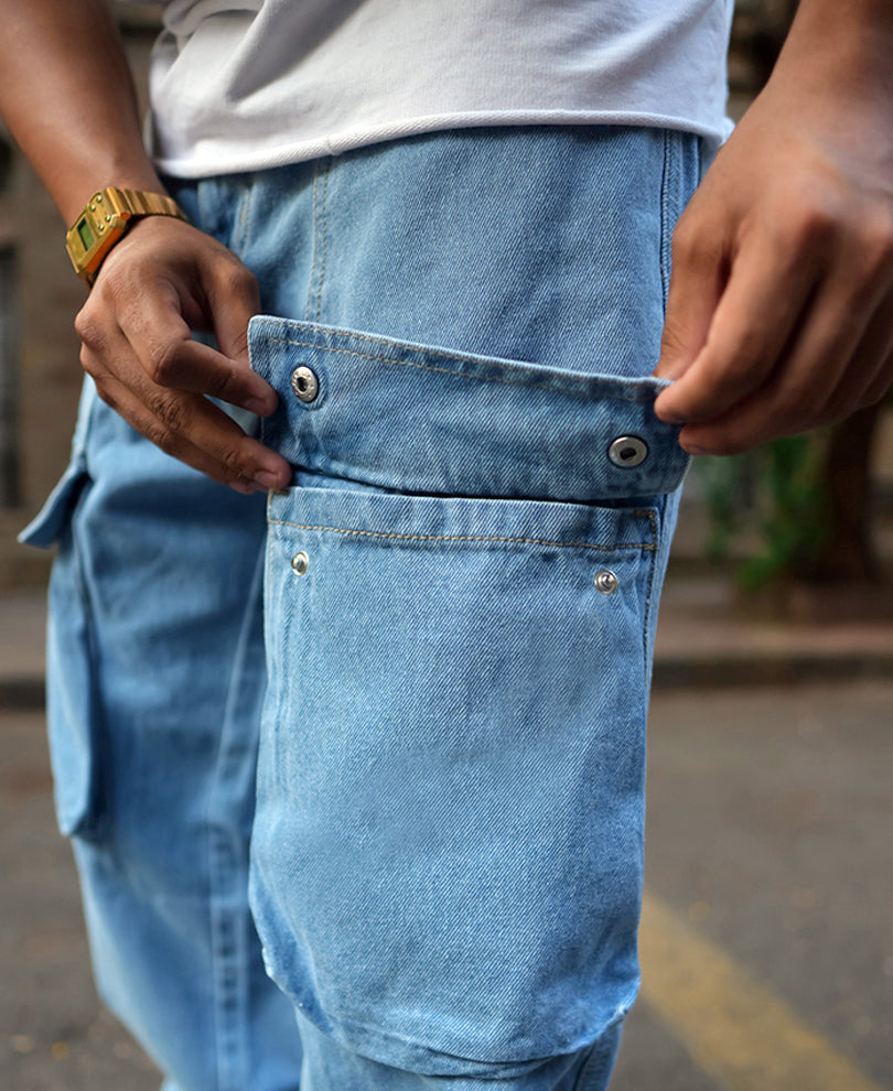 Ice Blue Denim Cargo Pocket Baggy Fit Jeans