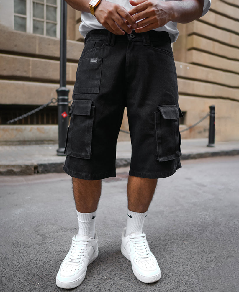 Black Cargo Pocket Denim Shorts