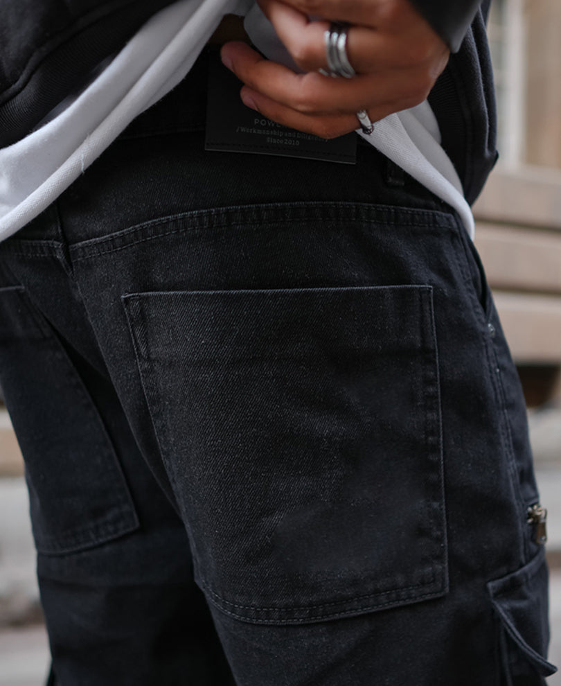 Black Denim Cargo Pocket Shorts