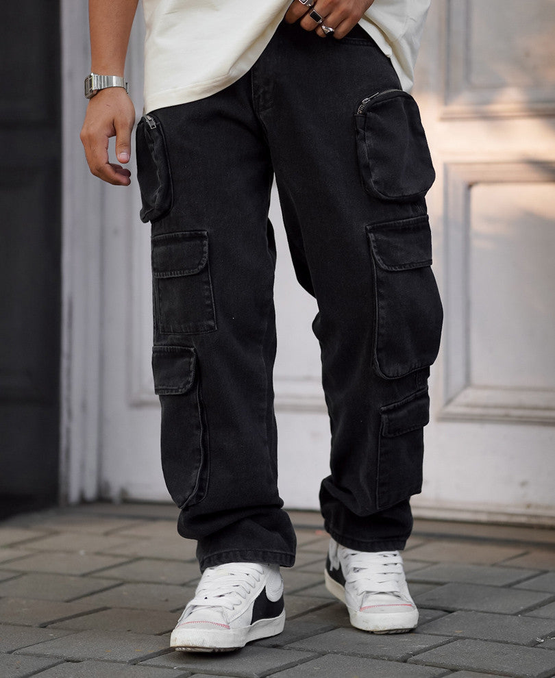 Charcoal Black Side Pocket Baggy Fit Jeans