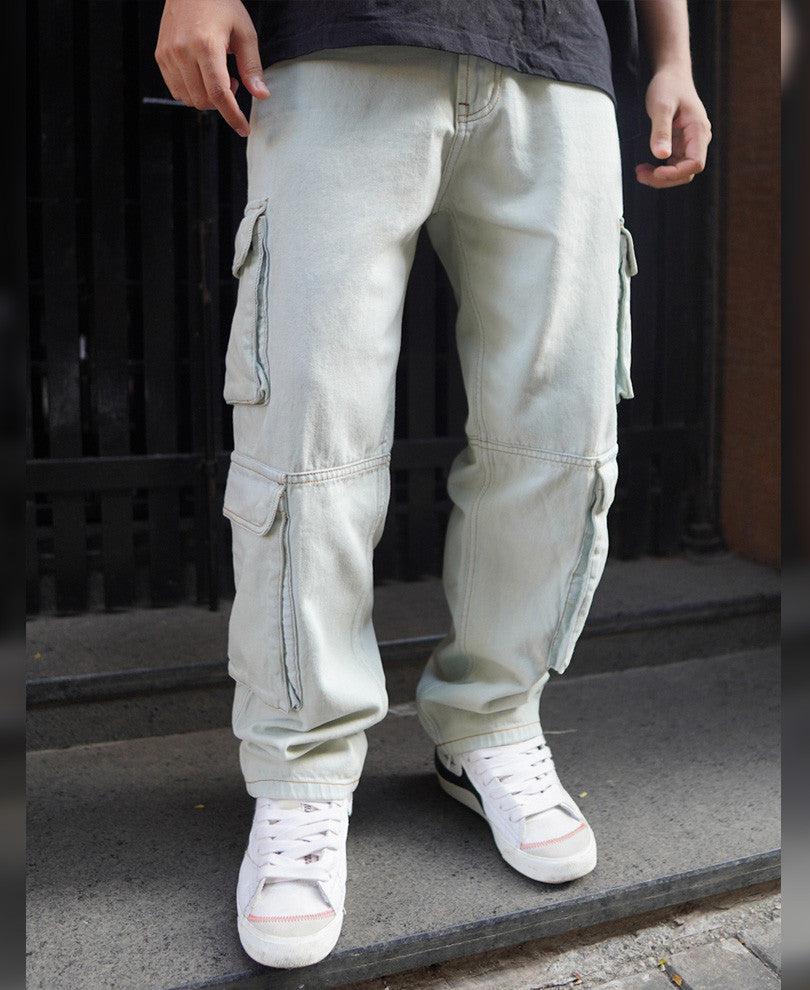 Faded Blue Cargo Denim Baggy Fit Jeans