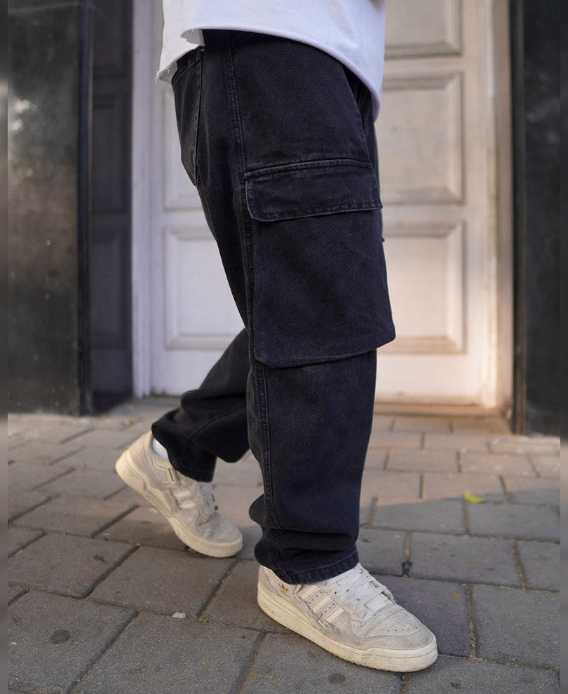 Black Cargo Pocket Denim Baggy Fit Jeans