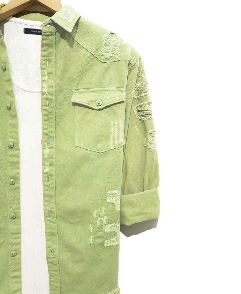Green Ripped Denim Casual Shirt