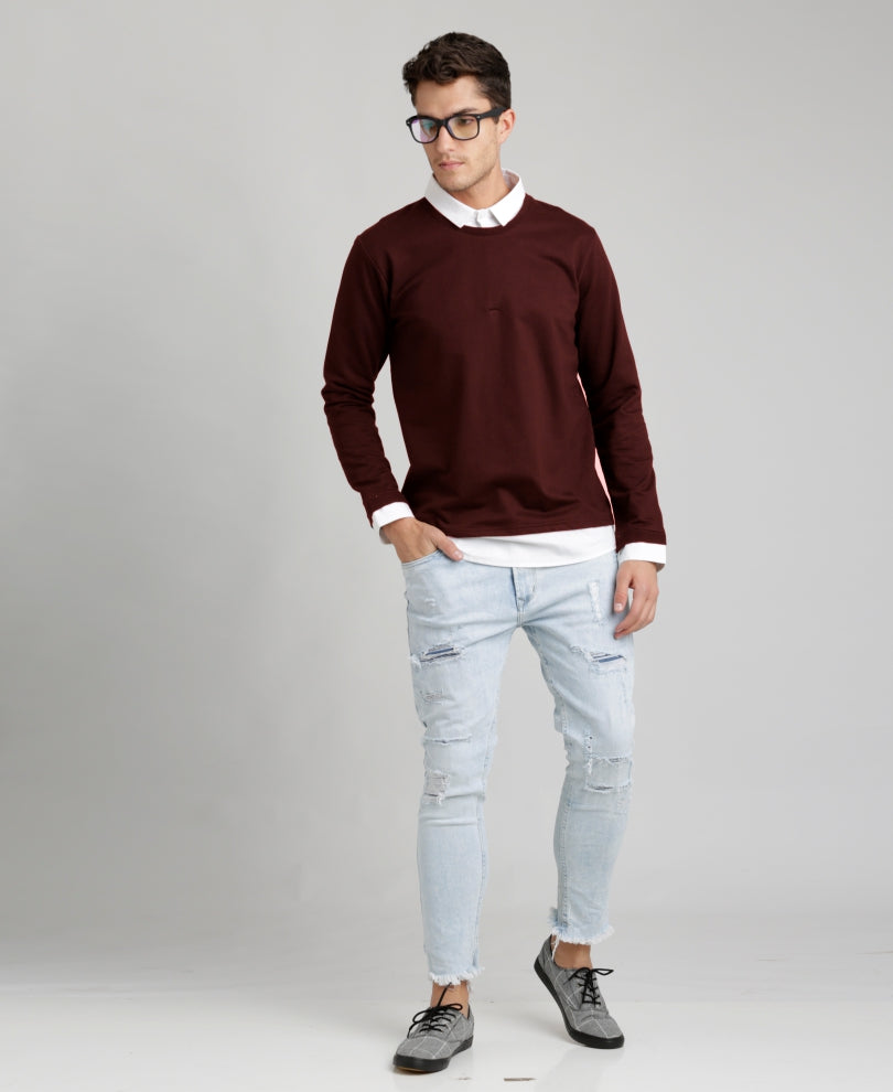 Maroon White Collar Full Sleeves T-Shirt