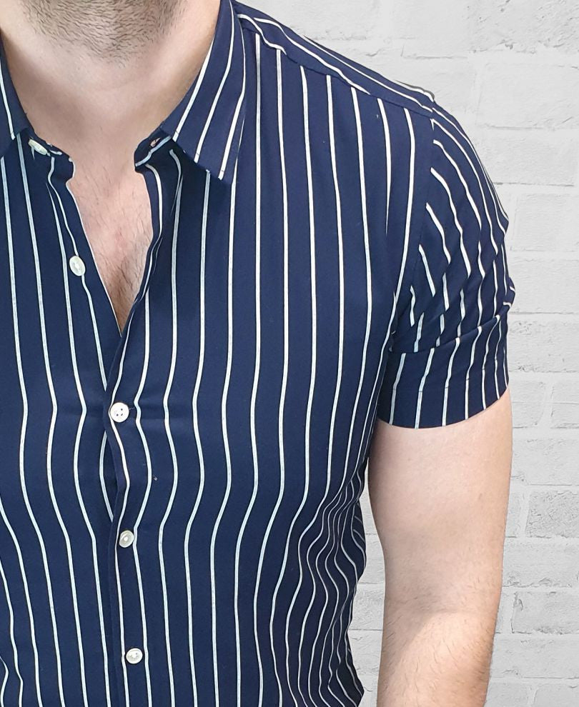 Navy Blue And White Stripe Half Sleeves Shirt