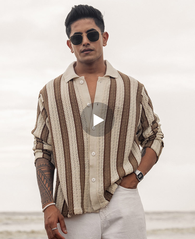 Off White and Beige Crochet Striped Regular Full Sleeves Shirt