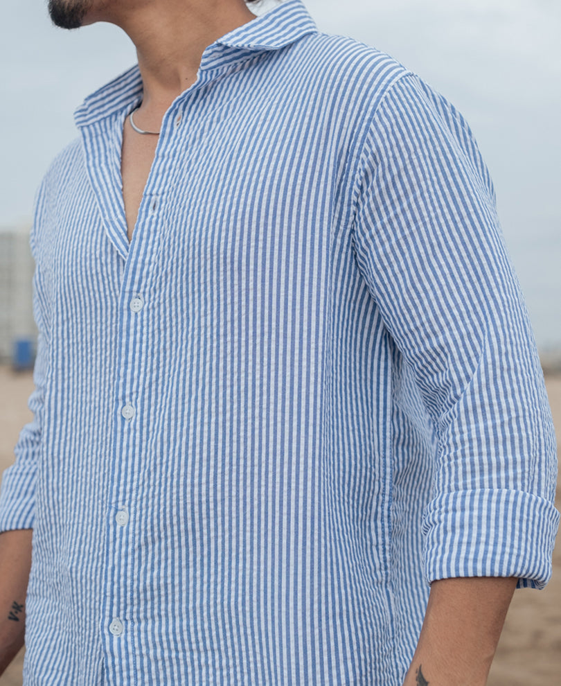 Blue and White Regular fit Striped Full Sleeves Shirt