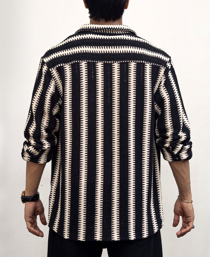 Black and White Striped Regular fit Crochet  Full Sleeves Shirt