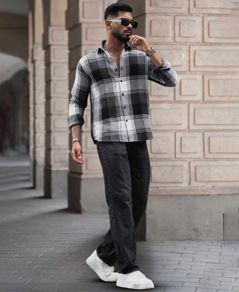Black and White Checked Regular Fit Full Sleeve Waffle Shirt