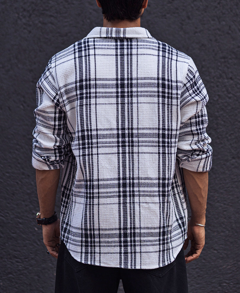 Navy Blue and White Waffle Checks Regular Full Sleeves Shirt