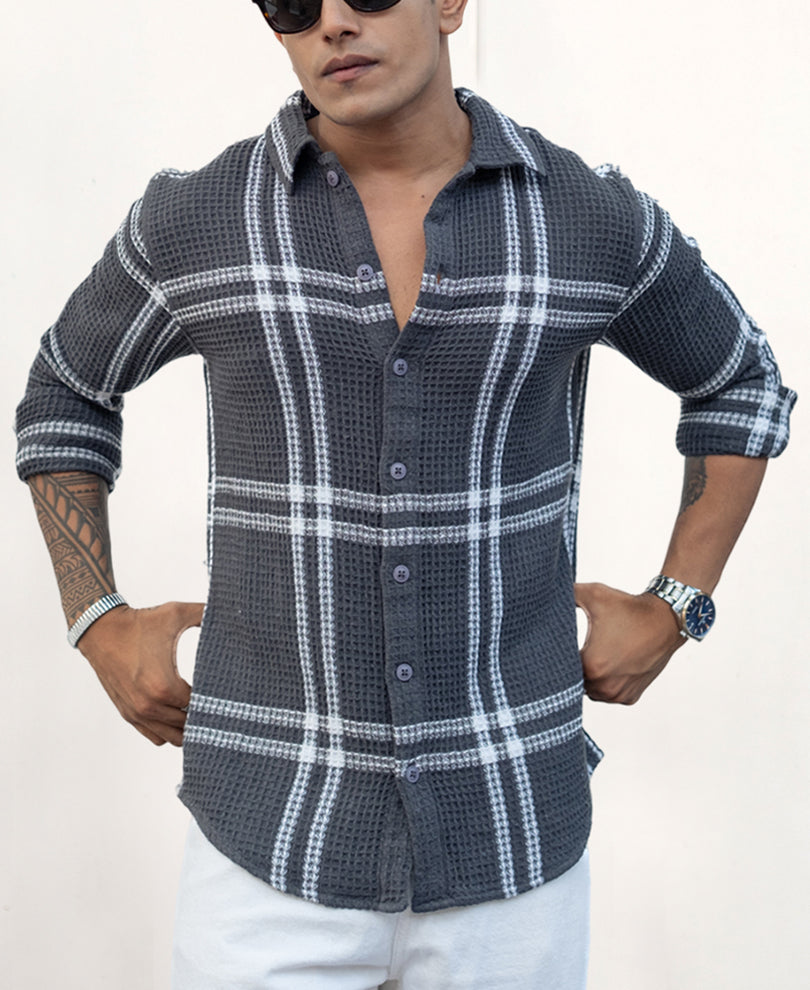Grey Waffle Checks Regular fit Full Sleeves Shirt
