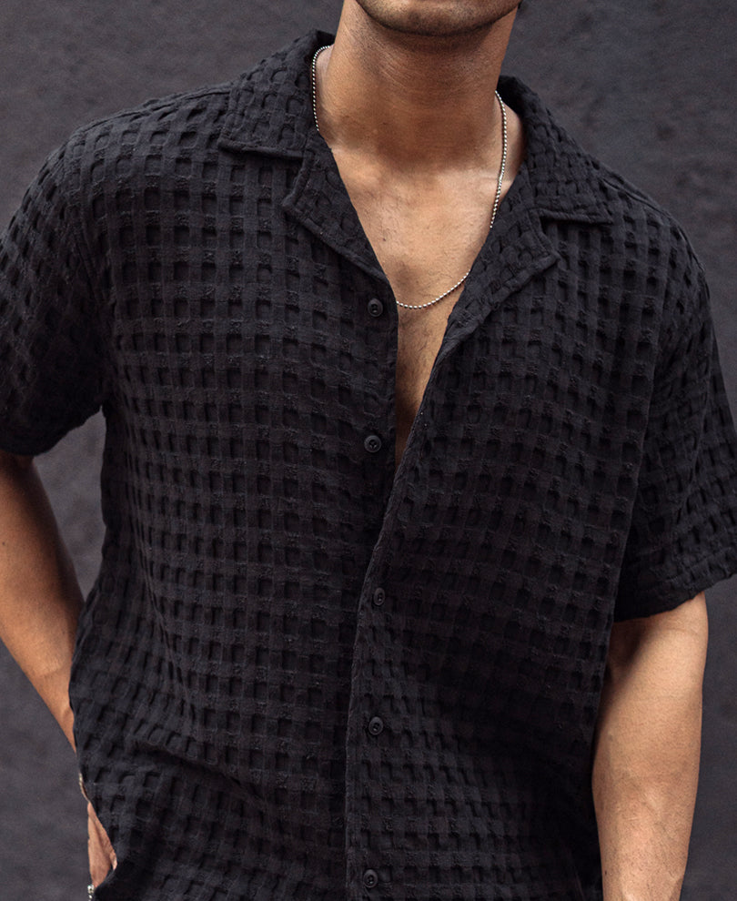 Black Waffle Oversized Half Sleeves Shirt